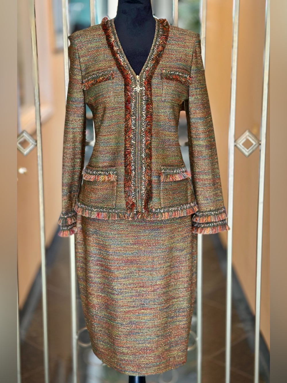 St. John Collection Olive Multicolor Tweed Jacket and Skirt Set